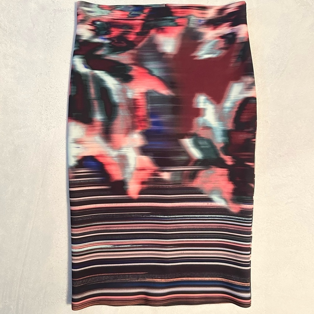 Clover Canyon Midi Bodycon Pencil Skirt XS abstract blur stripe print black pink
